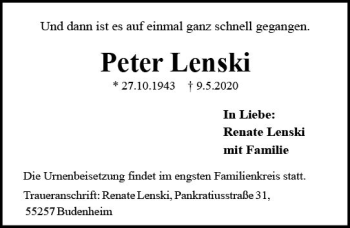 Traueranzeige von Peter Lenski von vrm-trauer