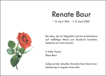 Traueranzeige von Renate Baur von vrm-trauer