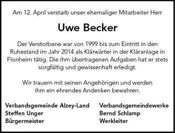 Traueranzeige von Uwe Becker von vrm-trauer