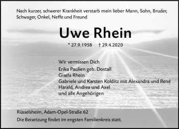 Traueranzeige von Uwe Rhein von vrm-trauer