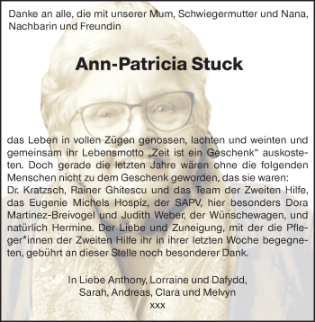 Traueranzeige von Ann Patricia Stuck von vrm-trauer