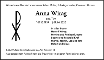 Traueranzeige von Anna Wirag von vrm-trauer