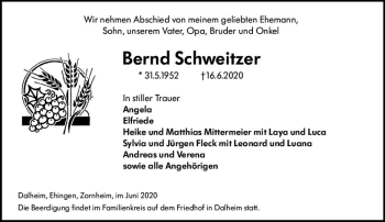 Traueranzeige von Bernd Schweitzer von vrm-trauer