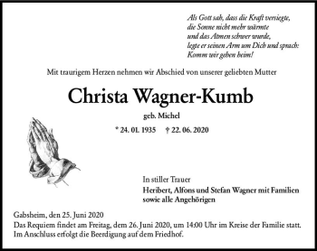 Traueranzeige von Christa Wagner-Kumb von vrm-trauer