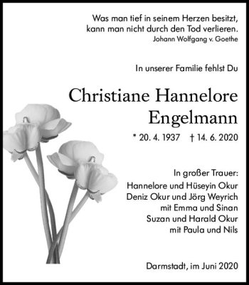 Traueranzeige von Christiane HanneloreEngelmann Hannelore von vrm-trauer