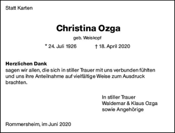 Traueranzeige von Christina Ozga von vrm-trauer