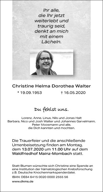 Traueranzeige von Christine Helma Dorothea Walter von vrm-trauer