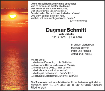 Traueranzeige von Dagmar Schmitt von vrm-trauer