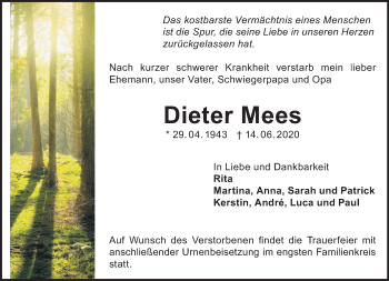 Traueranzeige von Dieter Mees von vrm-trauer