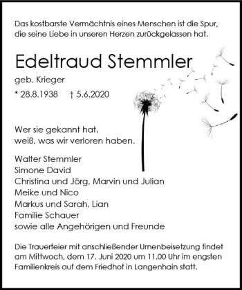Traueranzeige von Edeltraud Stemmler von vrm-trauer