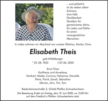 Traueranzeige von Elisabeth Theis von vrm-trauer