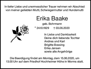 Traueranzeige von Erika Baake von vrm-trauer