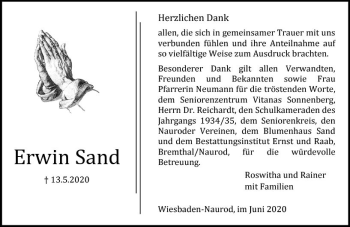 Traueranzeige von Erwin Sand von vrm-trauer