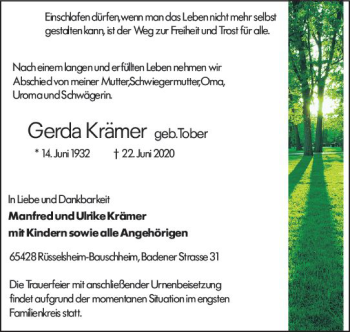 Traueranzeige von Gerda Krämer von vrm-trauer