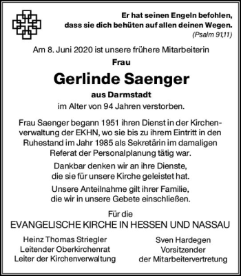 Traueranzeige von Gerlinde Saenger von vrm-trauer