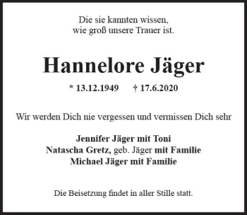 Traueranzeige von Hannelore Jäger von vrm-trauer