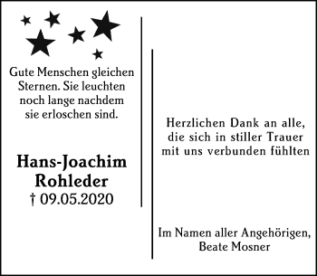 Traueranzeige von Hans-Joachim Rohleder von vrm-trauer