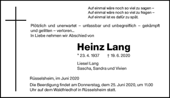 Traueranzeige von Heinz Lang von vrm-trauer