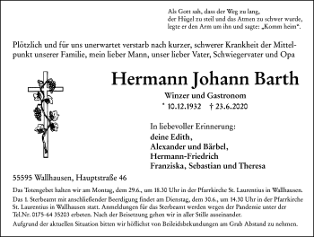 Traueranzeige von Hermann Johann Barth von vrm-trauer