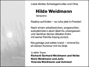 Traueranzeige von Hilde Weidmann von vrm-trauer