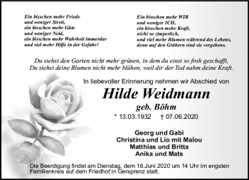 Traueranzeige von Hilde Weidmann von vrm-trauer