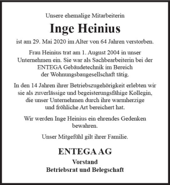 Traueranzeige von Inge Heinius von vrm-trauer
