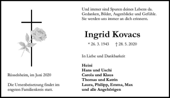 Traueranzeige von Ingrid Kovacs von vrm-trauer