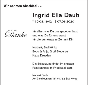Traueranzeige von Ingrid Ella Daub von vrm-trauer