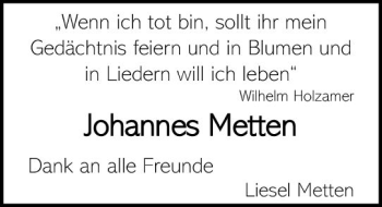Traueranzeige von Johannes Metten von vrm-trauer