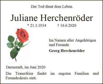 Traueranzeige von Juliane Herchenröder von vrm-trauer