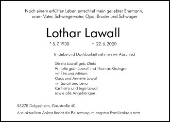 Traueranzeige von Lothar Lawall von vrm-trauer