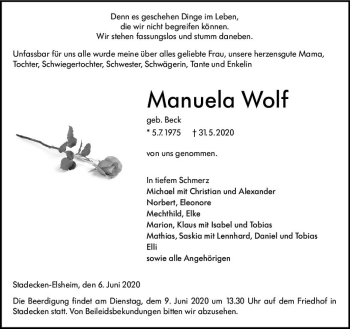Traueranzeige von Manuela Wolf von vrm-trauer