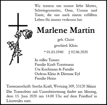 Traueranzeige von Marlene Martin von vrm-trauer