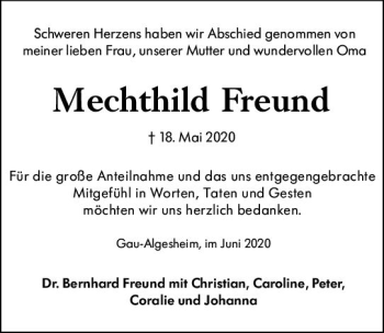 Traueranzeige von Mechthild Freund von vrm-trauer