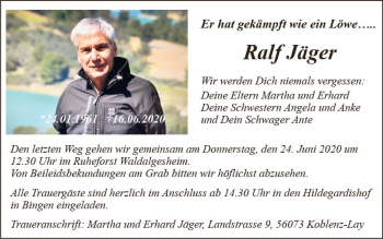 Traueranzeige von Ralf Jäger von vrm-trauer