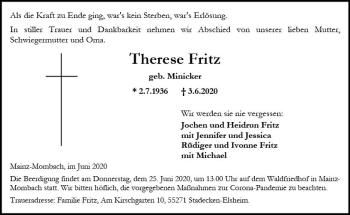 Traueranzeige von Therese Fritz von vrm-trauer