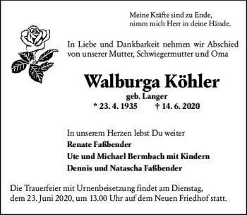 Traueranzeige von Walburga Köhler von vrm-trauer