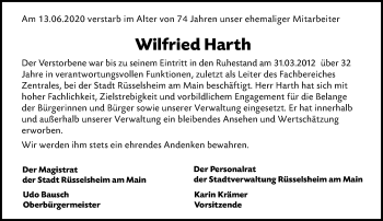 Traueranzeige von Wilfried Harth von vrm-trauer