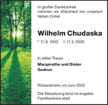 Traueranzeige von Wilhelm Chudaska von vrm-trauer