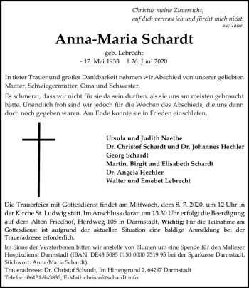 Traueranzeige von Anna-Maria Schardt von vrm-trauer