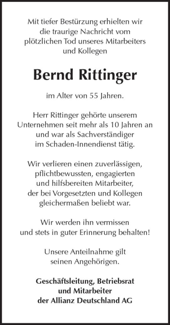 Traueranzeige von Bernd Rittinger von vrm-trauer
