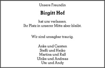 Traueranzeige von Birgitt Hof von vrm-trauer