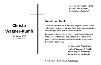 Traueranzeige von Christa Wagner-Kumb von vrm-trauer
