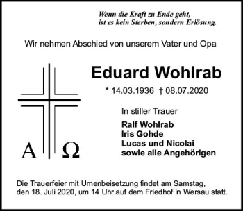 Traueranzeige von Eduard Wohlrab von vrm-trauer