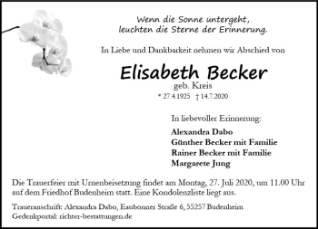 Traueranzeige von Elisabeth Becker von vrm-trauer