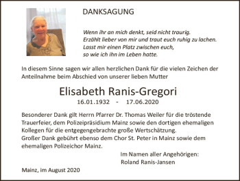Traueranzeige von Elisabeth Ranis-Gregori von vrm-trauer