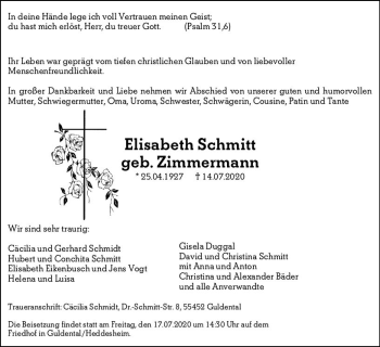 Traueranzeige von Elisabeth Schmitt von vrm-trauer