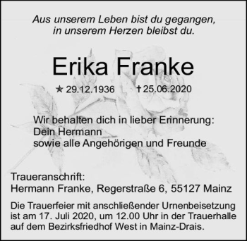 Traueranzeige von Erika Franke von vrm-trauer