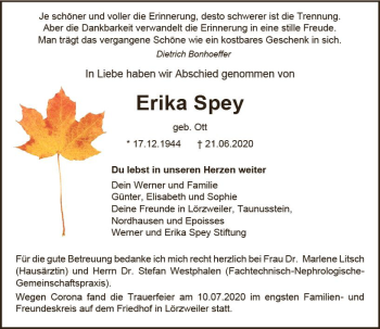 Traueranzeige von Erika Spey von vrm-trauer