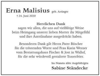 Traueranzeige von Erna Malisius von vrm-trauer